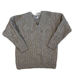 VTG‎ Cable Knit Fisherman Sweater 3/4 Sleeve M/L Ivory Silk Lambswool Angora
